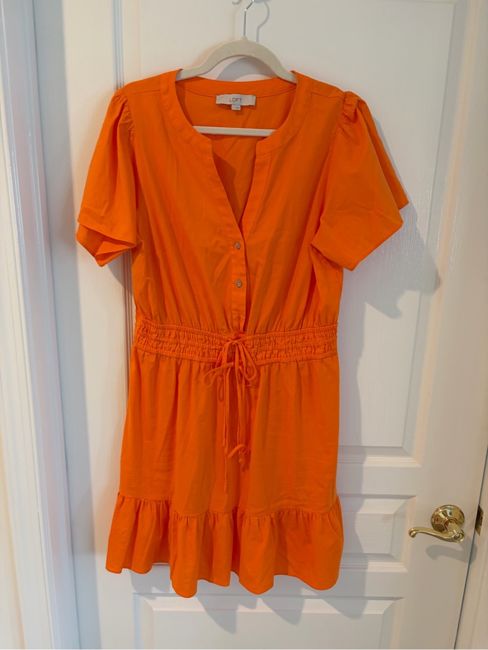 LOFT Orange Short Sleeve Tiered Midi Dress